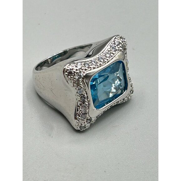 Blue Aquamarine Glass Ring Size 7 Silver Tone Free Form Modernist Ring - Picture 2 of 12